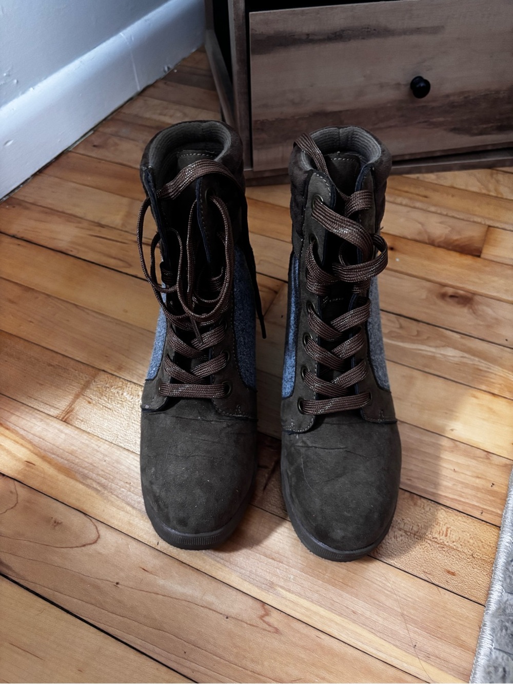 Brown Suede Lace-Up Ankle Boots with Gray Panels